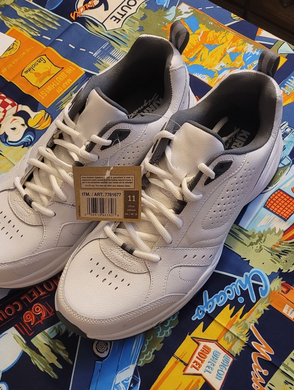 Kirkland Signature White Sneakers with Gray Trim and Black Pull Tabs